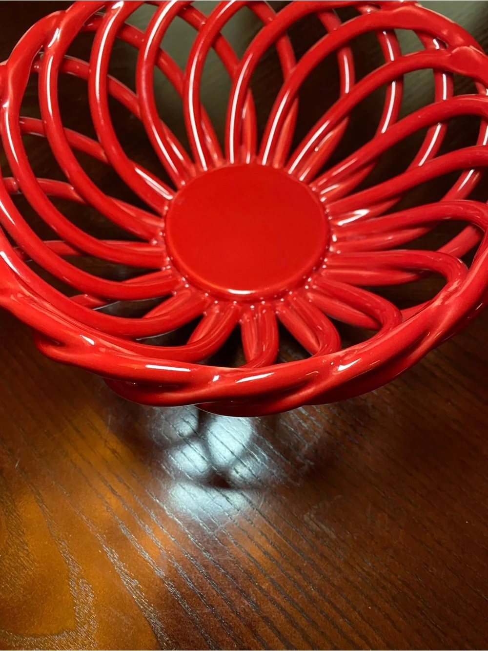 Vibrant Red Ceramic Open Weave Lattice Decorative Bread or Fruit Bowl 8.5 inch